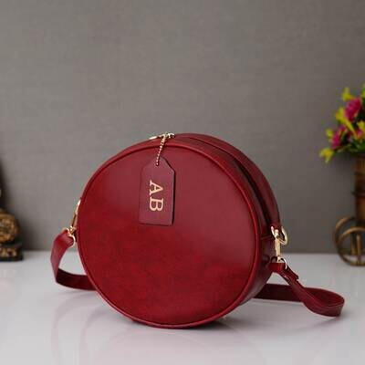 Wine Red Customised Round Sling Bag - Imported Leather