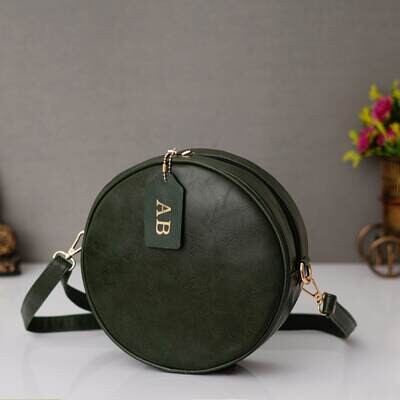 Olive Green Customised Round Sling Bag - Imported Leather