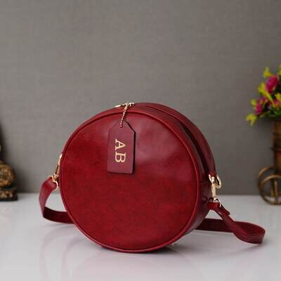 Wine Red Customised Round Sling Bag - Imported Leather