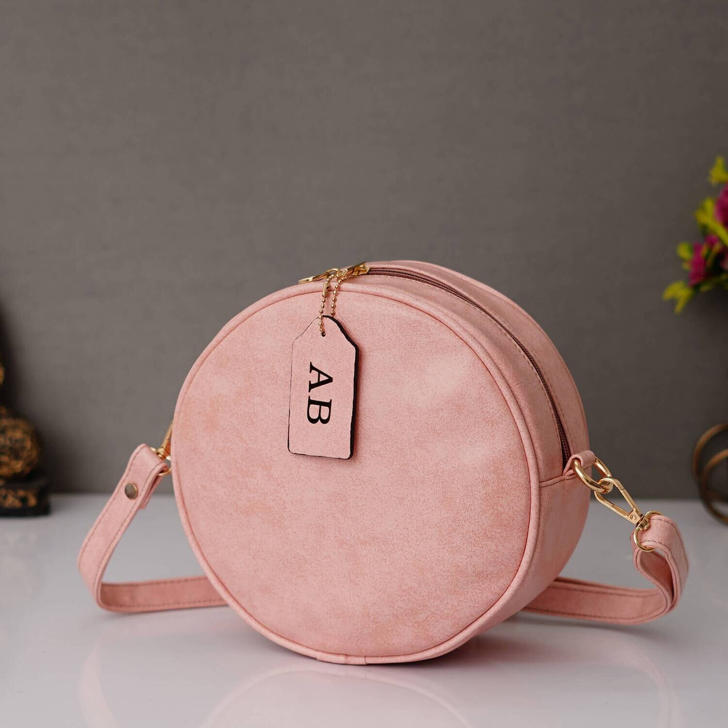 Baby Pink Customised Round Sling Bag - Imported Leather