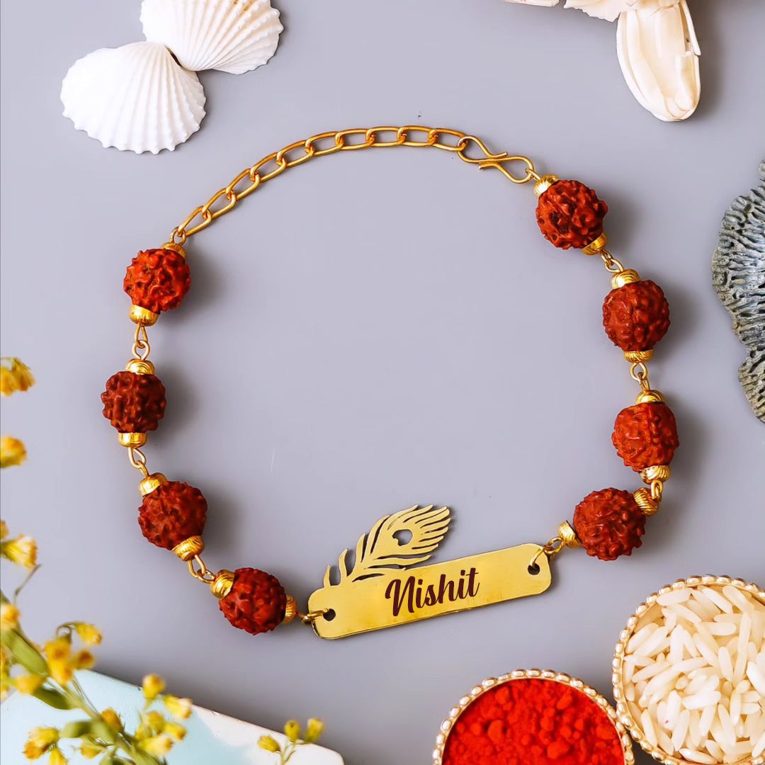 Customised Krishna Morpankh Rakhi with Rudraksha