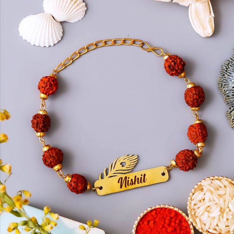 Customised Krishna Morpankh Rakhi with Rudraksha