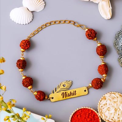Customised Krishna Morpankh Rakhi with Rudraksha
