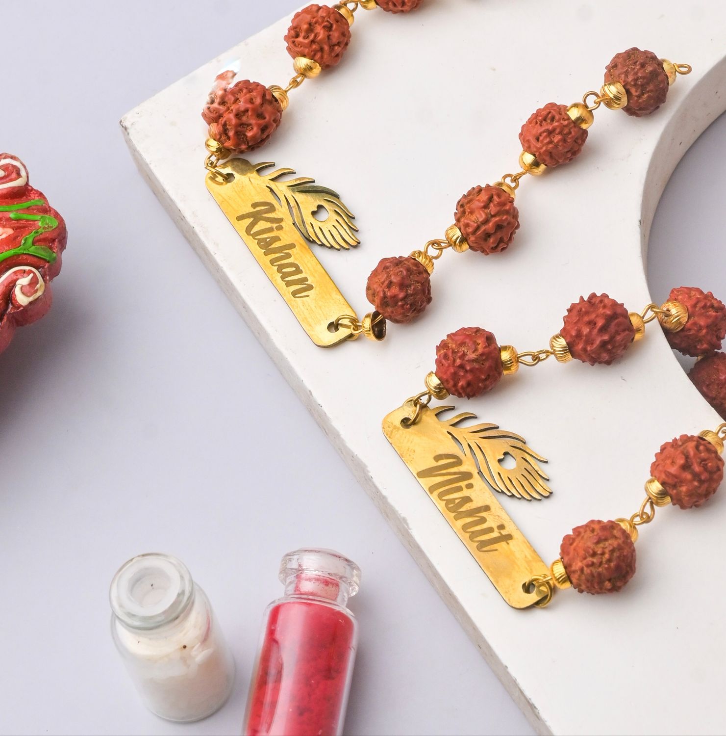 Customised Morpankh Rakhi with Rudraksha (Set of 2 Rakhis)