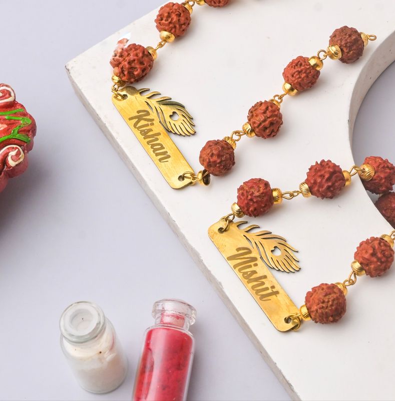 Customised Morpankh Rakhi with Rudraksha (Set of 2 Rakhis)