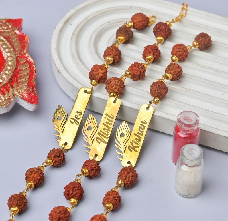 Customised Morpankh Rakhi with Rudraksha (Set of 3 Rakhis)