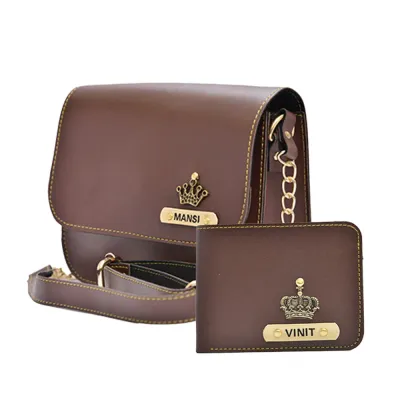 Brown Customized Couple Gift Hamper ( Women's Sling Bag and Men's Wallet)