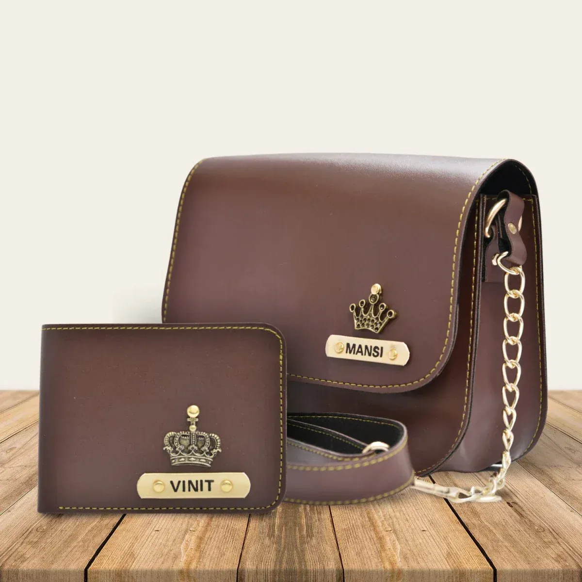 Brown Customized Couple Gift Hamper ( Women&#39;s Sling Bag and Men&#39;s Wallet)