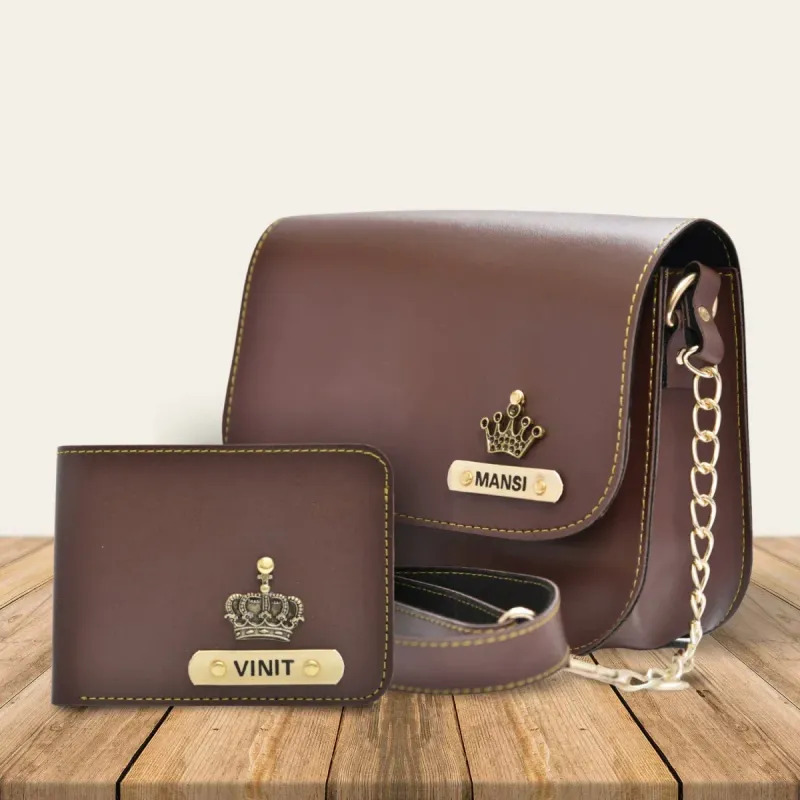 Brown Customized Couple Gift Hamper ( Women&#39;s Sling Bag and Men&#39;s Wallet)