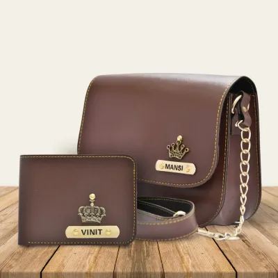 Brown Customized Couple Gift Hamper ( Women&#39;s Sling Bag and Men&#39;s Wallet)