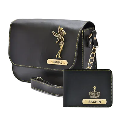 Black Customized Couple Gift Hamper ( Women's Sling Bag and Men's Wallet)