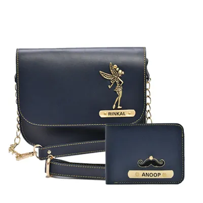 Blue Customized Couple Gift Hamper ( Women's Sling Bag and Men's Wallet)