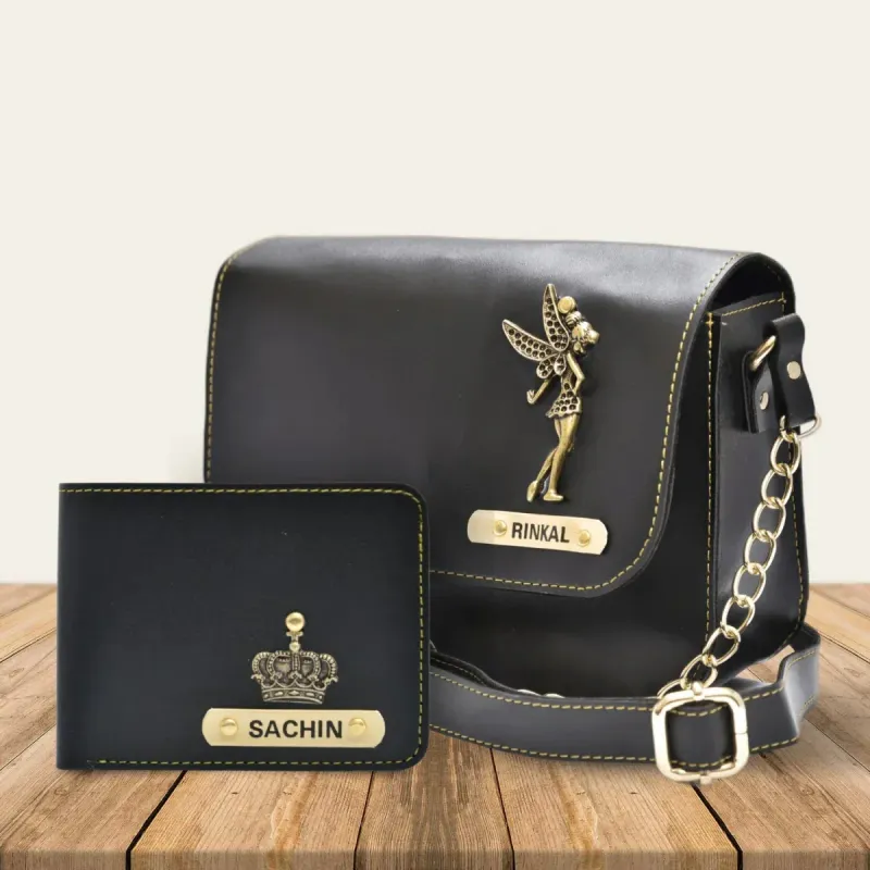 Black Customized Couple Gift Hamper ( Women&#39;s Sling Bag and Men&#39;s Wallet)
