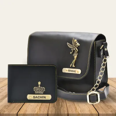 Black Customized Couple Gift Hamper ( Women&#39;s Sling Bag and Men&#39;s Wallet)