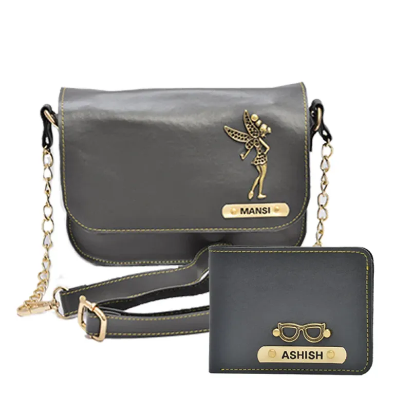 Grey Customized Couple Gift Hamper ( Women's Sling Bag and Men's Wallet)