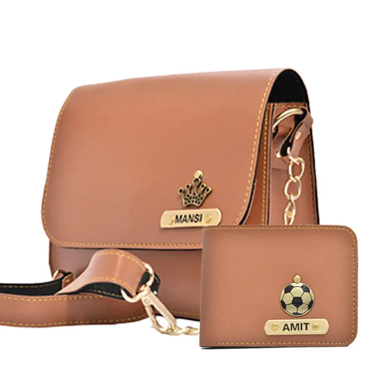 Tan Customized Couple Gift Hamper ( Women's Sling Bag and Men's Wallet)