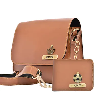 Tan Customized Couple Gift Hamper ( Women's Sling Bag and Men's Wallet)