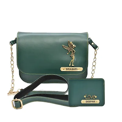 Olive Green Customized Couple Gift Hamper ( Women's Sling Bag and Men's Wallet)