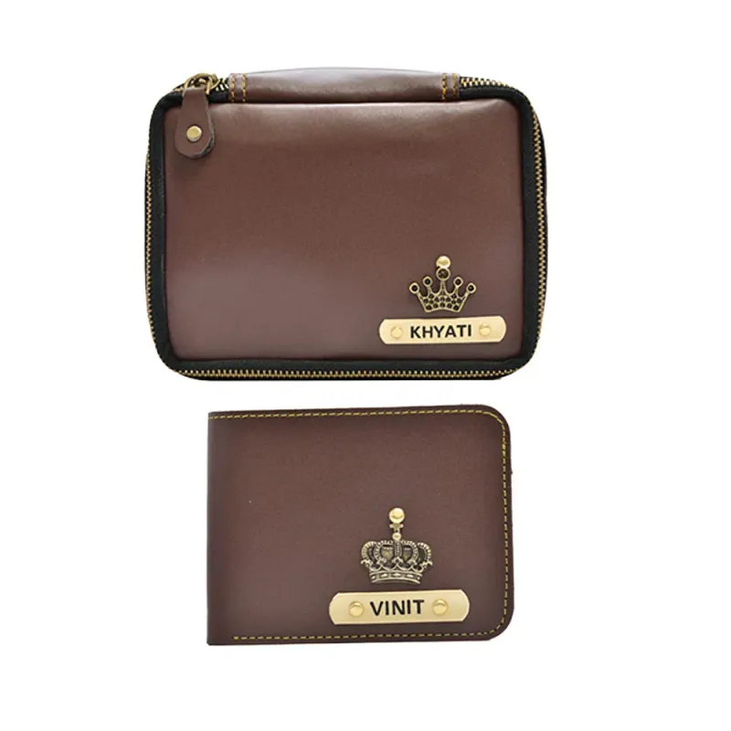 Brown Personalized Couple's Combo : Makeup Pouch &amp; Men's Wallet