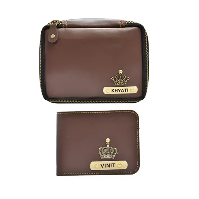Brown Personalized Couple's Combo : Makeup Pouch &amp; Men's Wallet