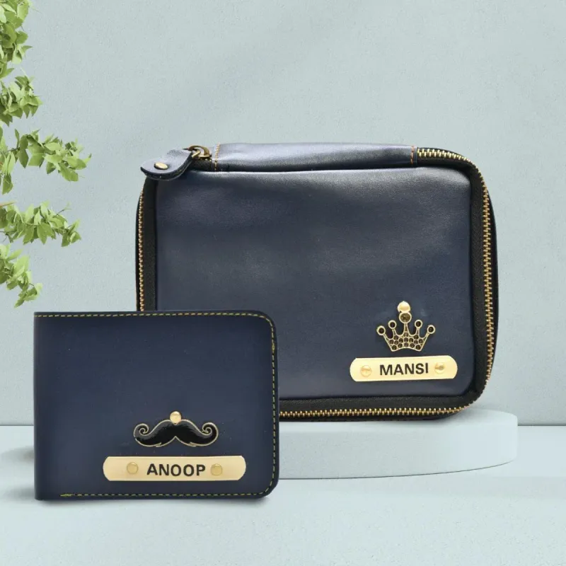 Blue Personalized Couple&#39;s Combo : Makeup Pouch &amp; Men&#39;s Wallet