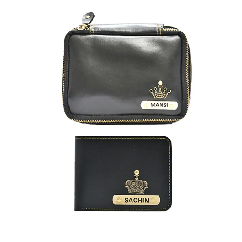 Black Personalized Couple's Combo : Makeup Pouch &amp; Men's Wallet