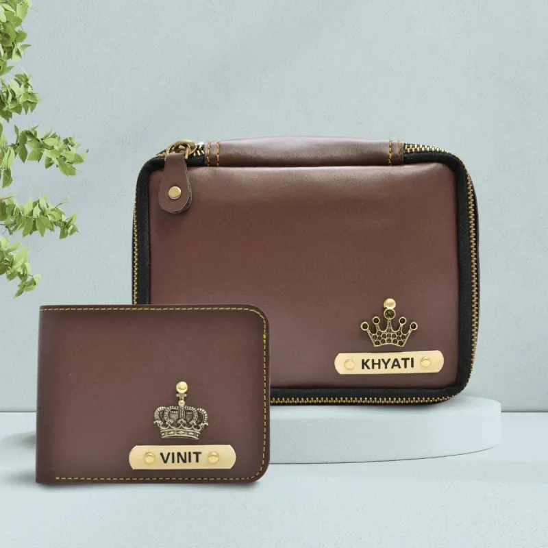 Brown Personalized Couple&#39;s Combo : Makeup Pouch &amp; Men&#39;s Wallet