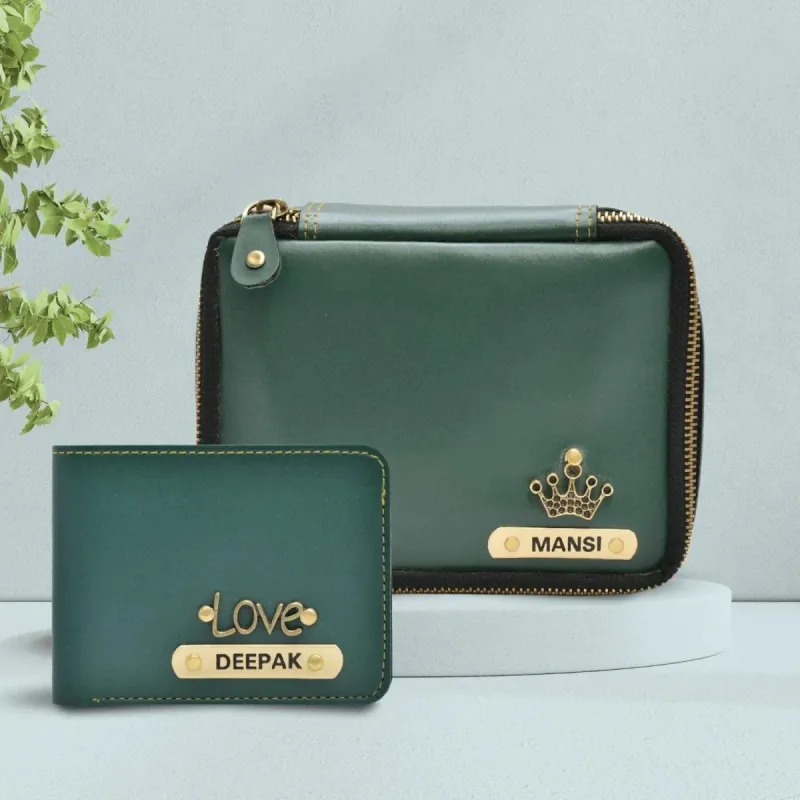 Green Personalized Couple&#39;s Combo : Makeup Pouch &amp; Men&#39;s Wallet