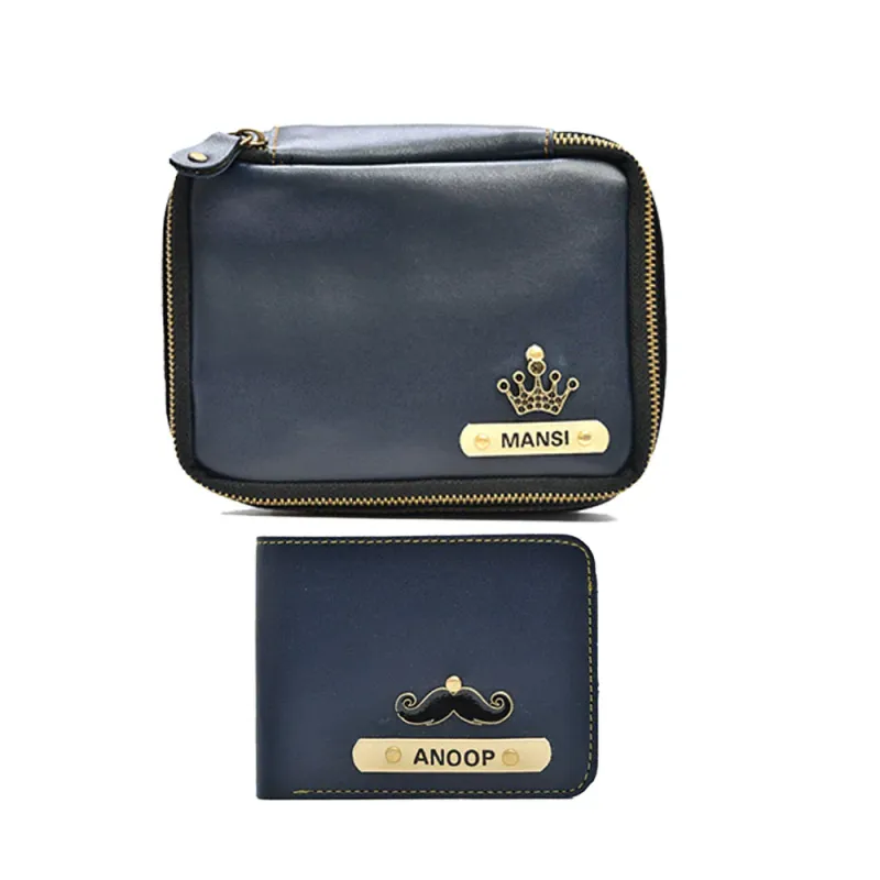 Blue Personalized Couple's Combo : Makeup Pouch &amp; Men's Wallet