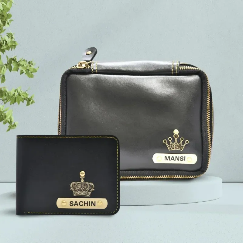 Black Personalized Couple&#39;s Combo : Makeup Pouch &amp; Men&#39;s Wallet