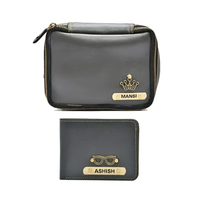 Grey Personalized Couple's Combo : Makeup Pouch &amp; Men's Wallet