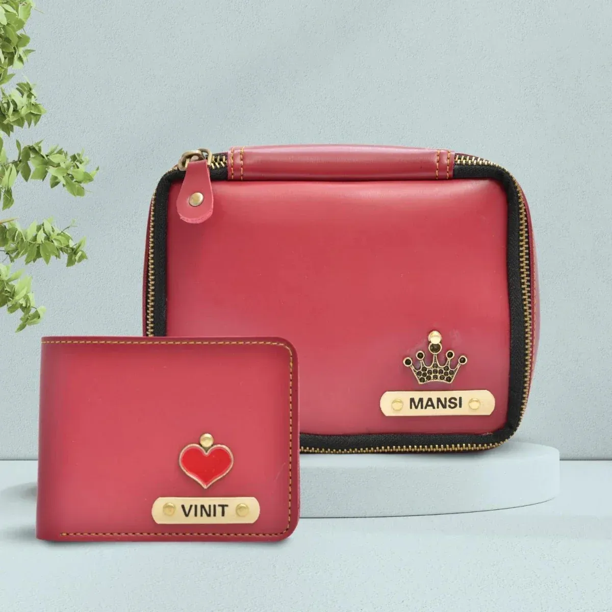 Red Personalized Couple&#39;s Combo : Makeup Pouch &amp; Men&#39;s Wallet