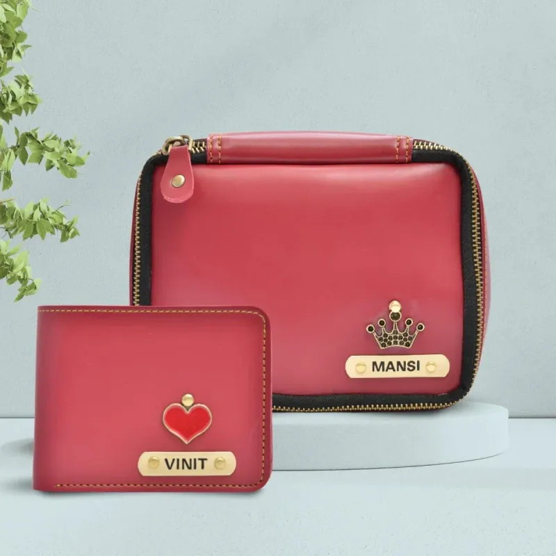 Red Personalized Couple&#39;s Combo : Makeup Pouch &amp; Men&#39;s Wallet