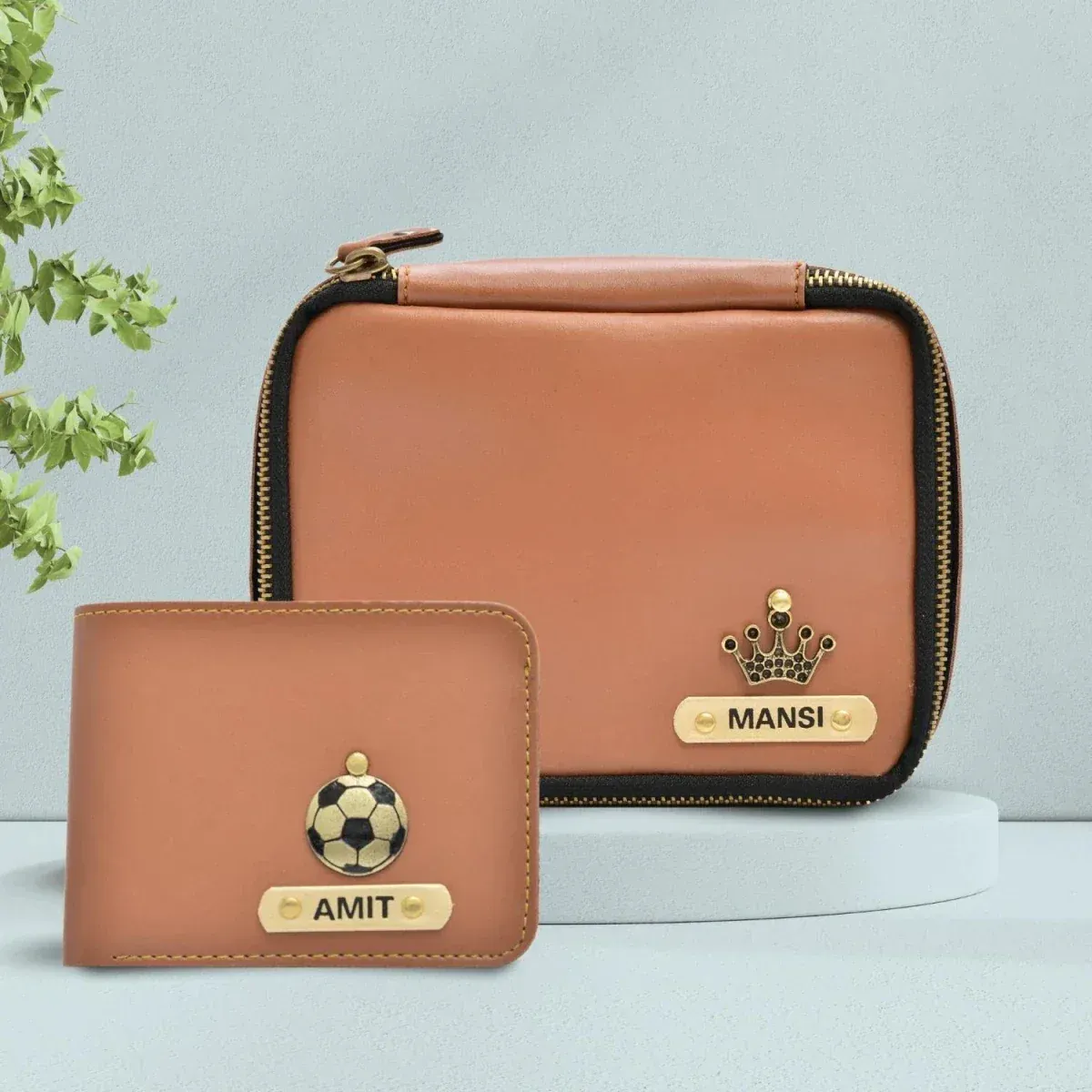 Tan Personalized Couple&#39;s Combo : Makeup Pouch &amp; Men&#39;s Wallet