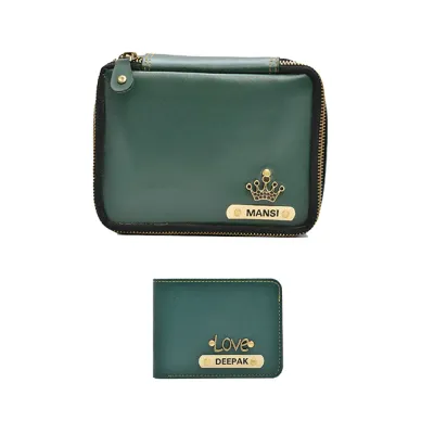 Green Personalized Couple's Combo : Makeup Pouch &amp; Men's Wallet