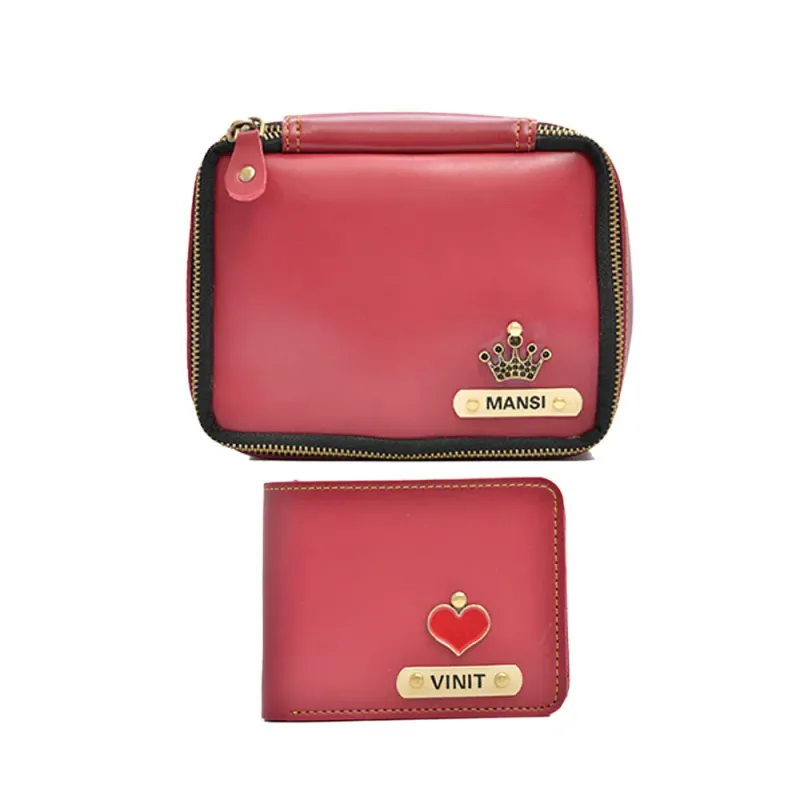 Red Personalized Couple's Combo : Makeup Pouch &amp; Men's Wallet