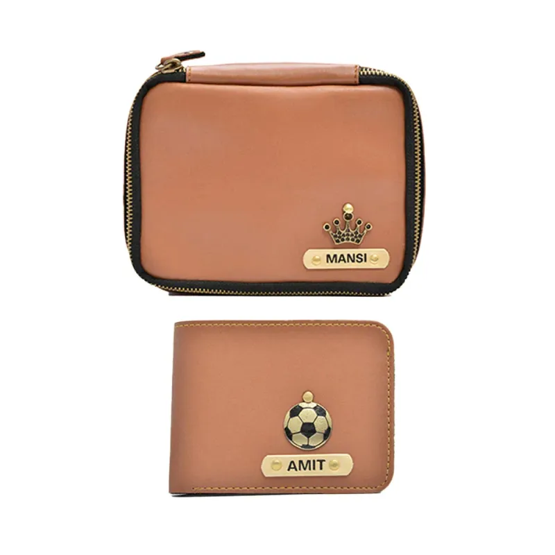 Tan Personalized Couple's Combo : Makeup Pouch &amp; Men's Wallet