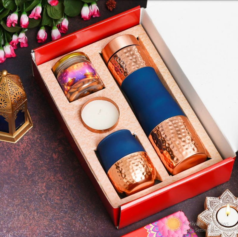Diwali Combo - 1 Copper bottle, 1 Copper Mugs, 1 Metal Candle , 1 Dryfruit Jar