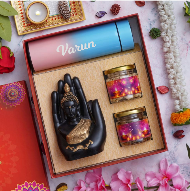 Diwali Combo - 1 Hand Buddha, 1 Multicolour Customized Temperature Bottle , 2 Dryfruit Jar