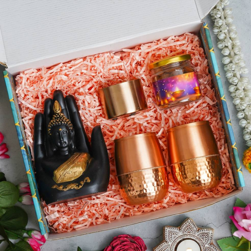 Diwali Combo - 1 Hand Buddha, 2 Copper Jars, 1 Metal Candle , 1 Dryfruit Jar