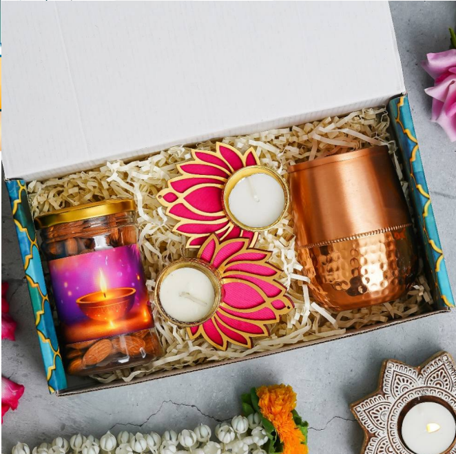 Diwali Combo -  1 Copper Jars,1 Dryfruit Jar, 2 Lotus Tealight