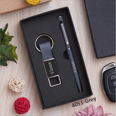 Grey Customised Pen &amp; Keychain Combo