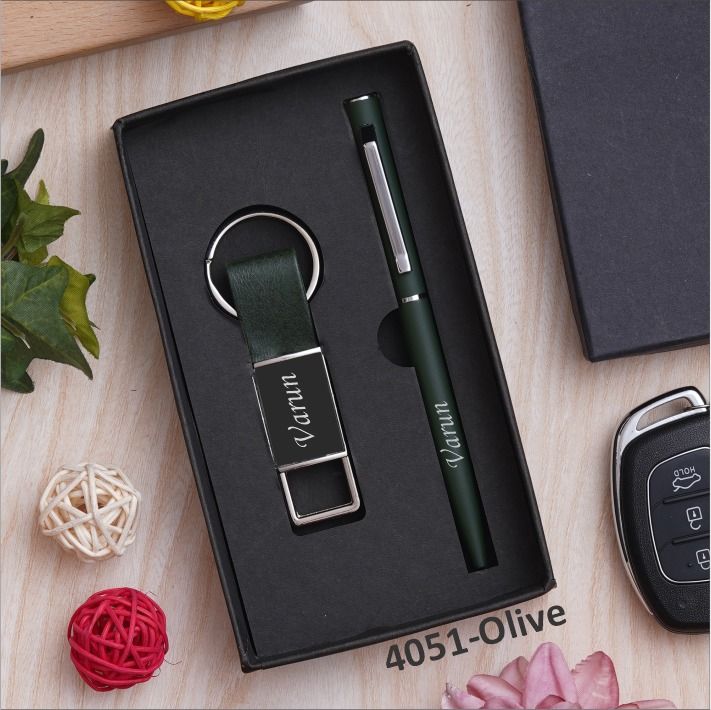 Olive Green Customised Pen &amp; Keychain Combo