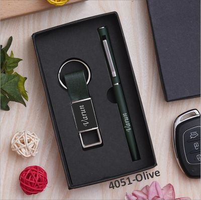 Olive Green Customised Pen &amp; Keychain Combo