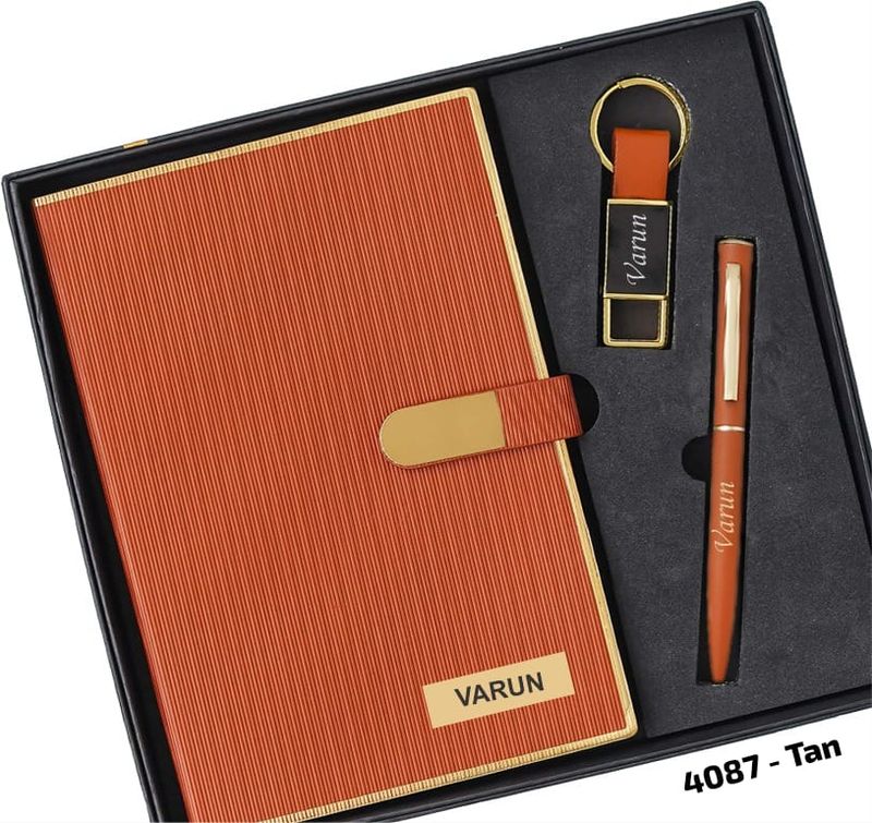 Personalized Tan Brown 3Pc Combo ( Diary, Pen, Keychain Combo)