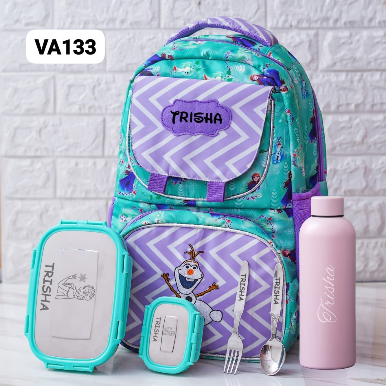 Personalized Kids School Essentials Kit - Frozen Fantasy Green &amp; Purple Theme