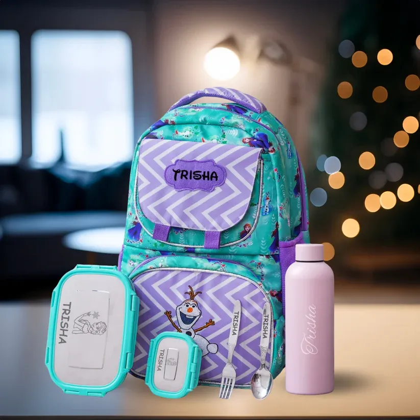 Personalized Kids School Essentials Kit - Frozen Fantasy Green &amp; Purple Theme (18 inches)