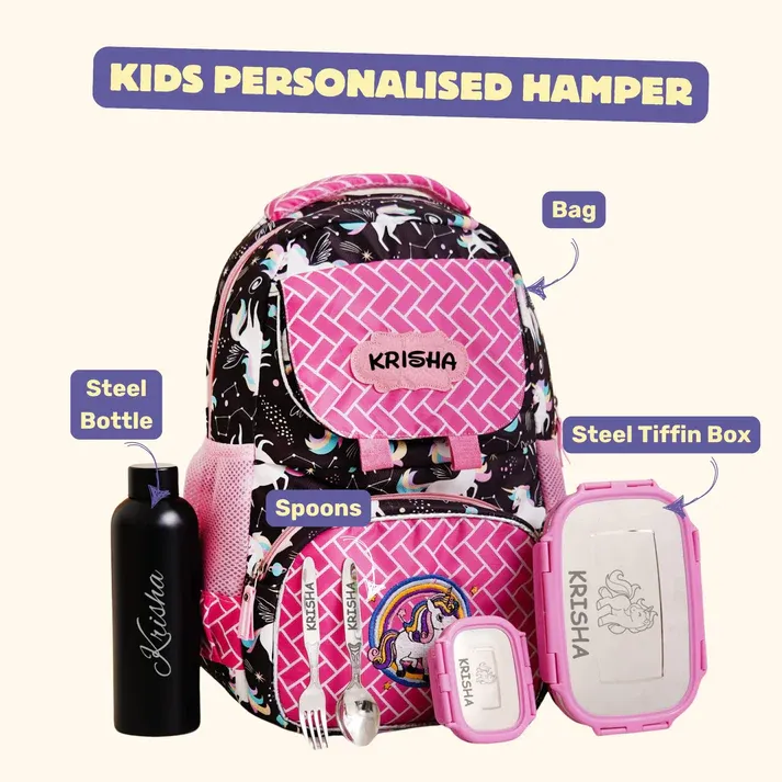 Personalized Kids School Essentials Kit - Unicorn Black Theme (18 inches)