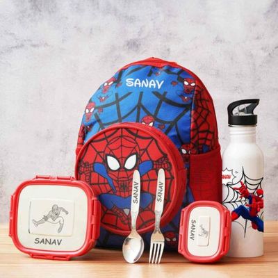 Personalized Small Kids School Bag  - Black &amp; Red Spider Theme (14 inches)