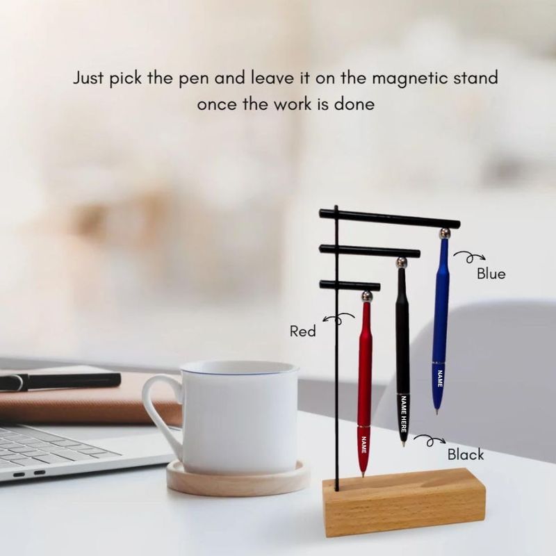 Personalized 3 Magnetic Pens with Wooden Stand
